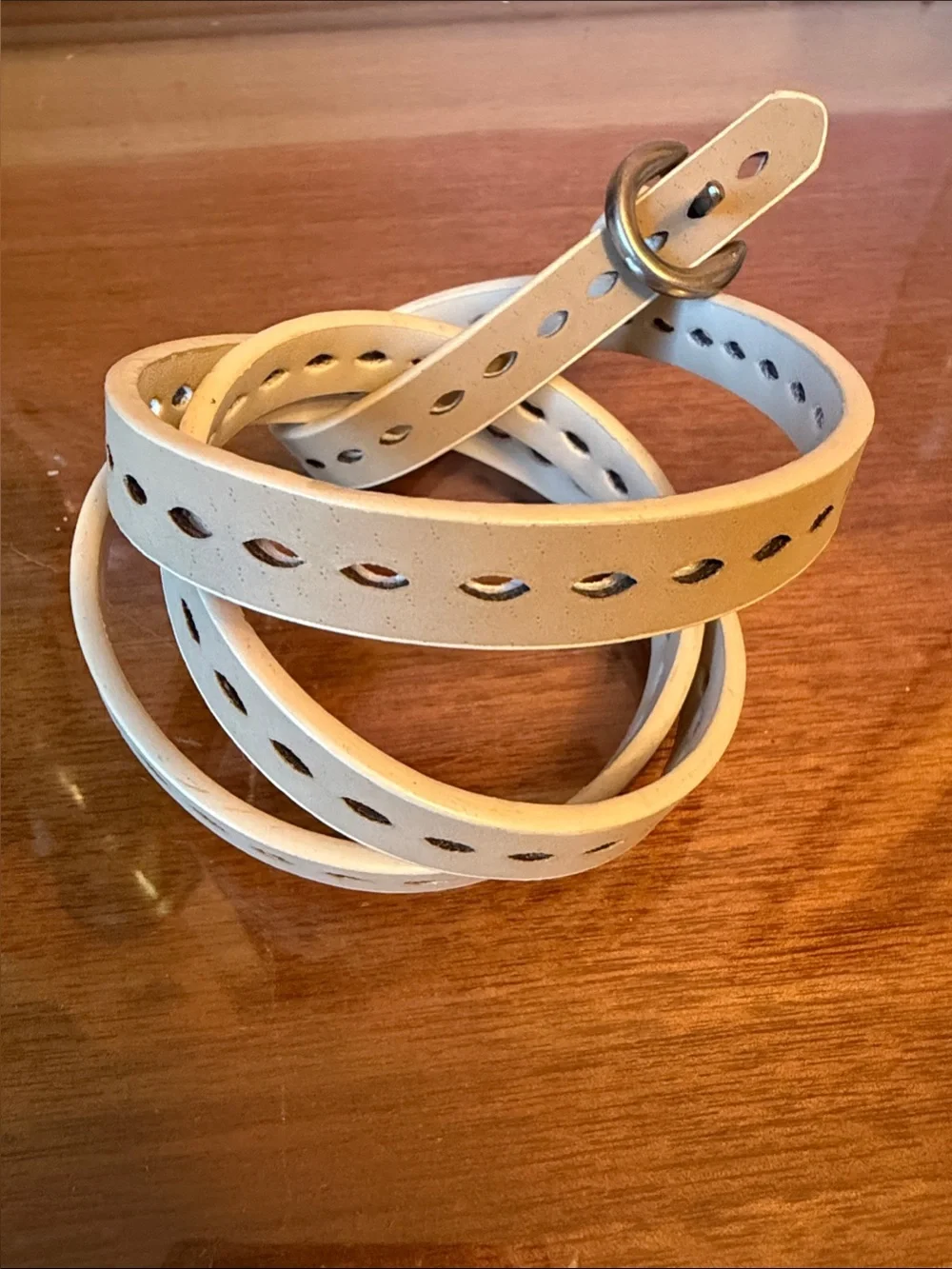 Cream Cutout Leather Women's Belt with Silver Buckle